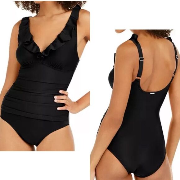 DKNY Black Ruffle One Piece Bathing Swim Suit 6 - Picture 1 of 10